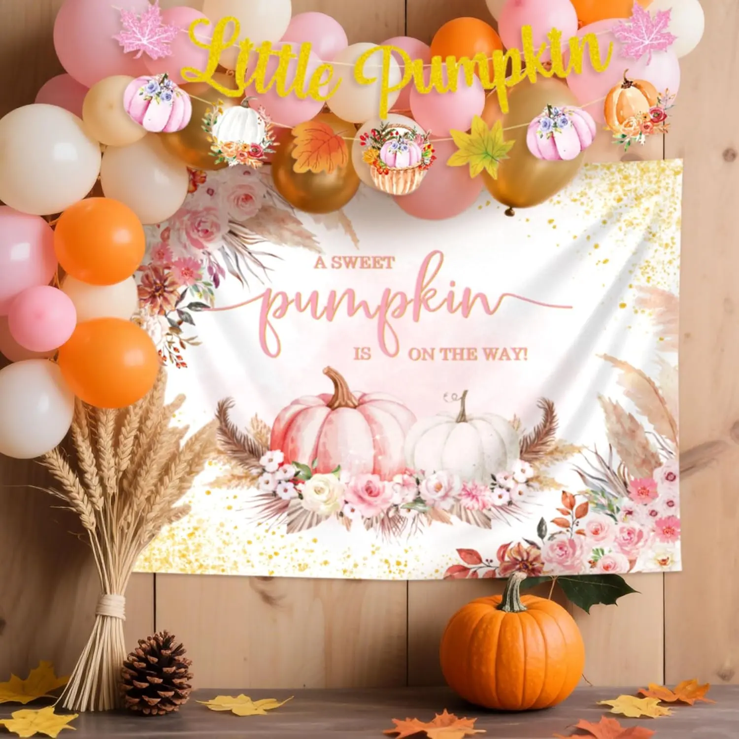 Pink Little Pumpkin Baby Shower Decorations Girl A Sweet Little Pumpkin Backdrop with Banner & Balloons for Fall Autumn Party 60x47 inches Floral Pumpkin Style Garland Set Cream Ornaments
