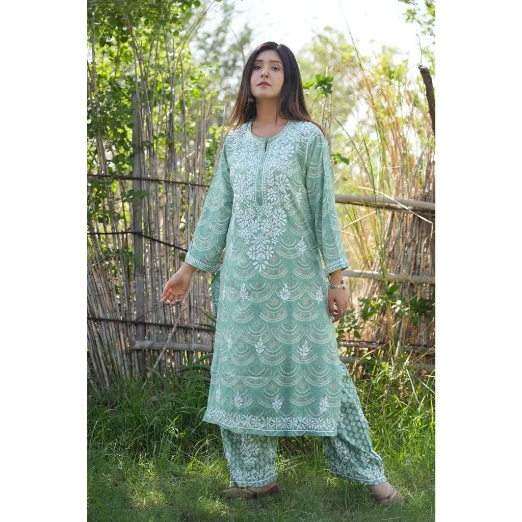 Shiza Printed chikankari kurti and plazzo set in Sea Green