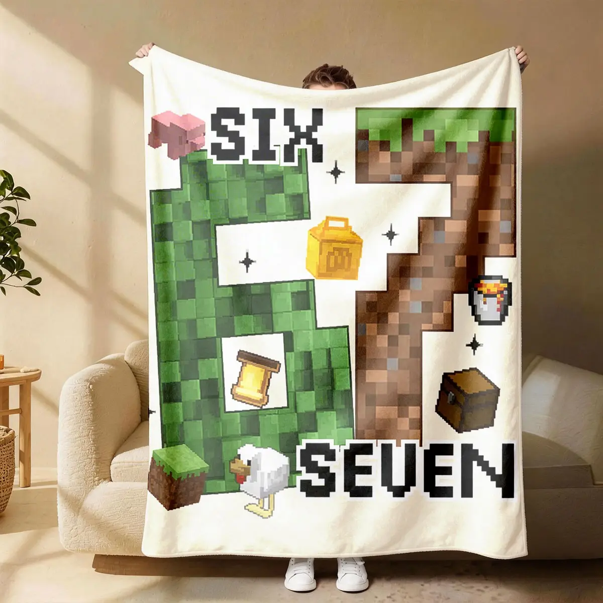 Minecraft Pixel Art Six Seven Print Lightweight Flannel Blanket, Soft Breathable for Spring Summer, Ideal for Bed Sofa Office Camping Travel, Lightweight Graphic Throw Blanket