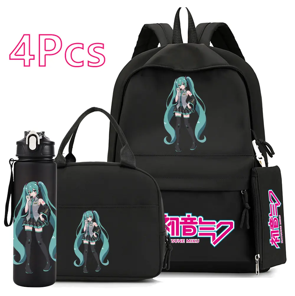 Hatsune Miku School Backpack Set for Girls - Solid Black Anime Character Bookbag 4PCS Bundle with Lunch Bag, Pencil Case & Water Bottle, Large Capacity Travel Bag