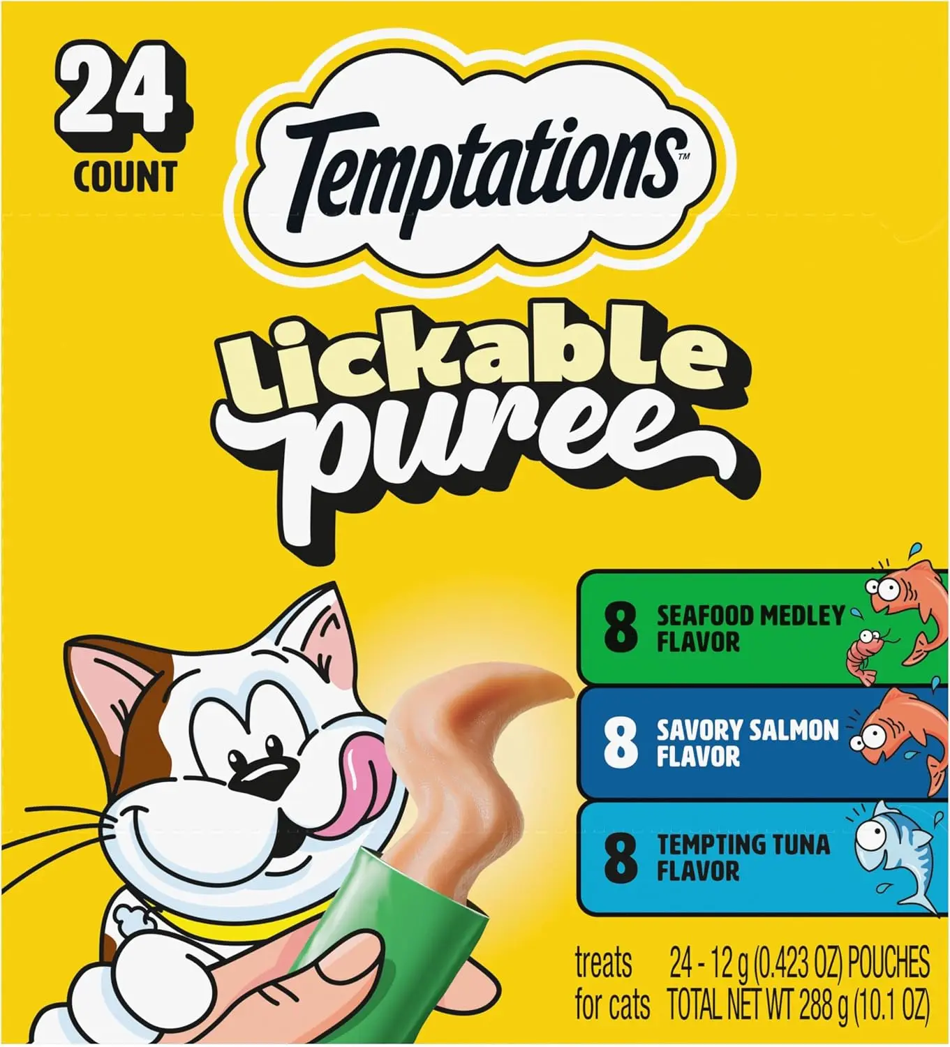 Temptations Creamy Puree Lickable Cat Treats, Seafood Variety, 24 Count Under 15 calories per tube, great for senior cats, no chewing required, no added sugar, wet squeezable treat, 0.42 oz. Tubes
