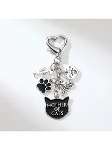 Mother of Cats" Keychain - Halloween-Themed Charm with Fishbones, Hearts, Devil Cat & Paw Prints, Lobster Clasp for Bags & Cars, Ideal Gift for Cat Lovers, Alloy Material, Bag Charm|Playful Charm|Durable Keychain, Cat Accessories