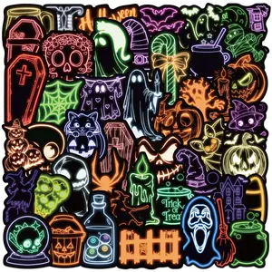 50pcs Cartoon Neon Style Halloween Stickers, Vinyl Waterproof Stickers for Water Bottles Laptops Phones Cars, Cute Party Gifts