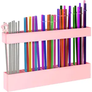 9.5 Large Acrylic Straw Holder for Cabinet Door, Reusable Adjustable Two-Part Straws Organizer with Ultra Sticky Adhesive Strips, Straw Storage for Kitchen Cupboard (Rose Stone)