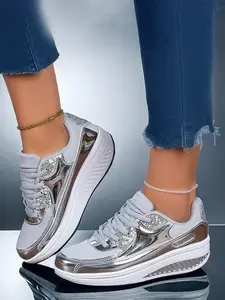 Women's Fashionable Glitter Colorblock Sneakers, Casual Comfortable Sports Shoes for Daily Wear, Female All-match Round Toe Shoes for Daily Wear, Trainer, Real Sneakers