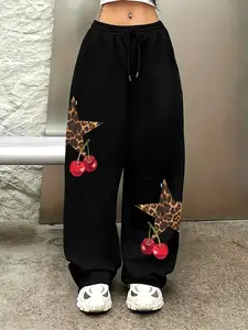 Unisex Casual Street Style Sport Pants, High-End Straight Leg, Cherry Leopard Star Print, Slimming, Perfect Gift, All Seasons