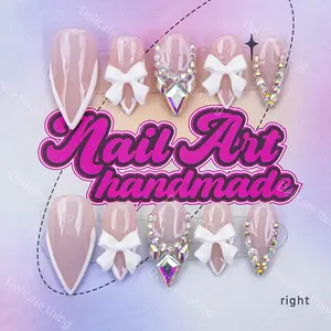 Delicatething  Y2K Style Almond Nail Set, Handmade Wearable Nails with Colorful Diamonds, Colorful Rhinestones & Bow Design, Nail Art Supplies, S/m/l Sizes, Perfect Gift for Women