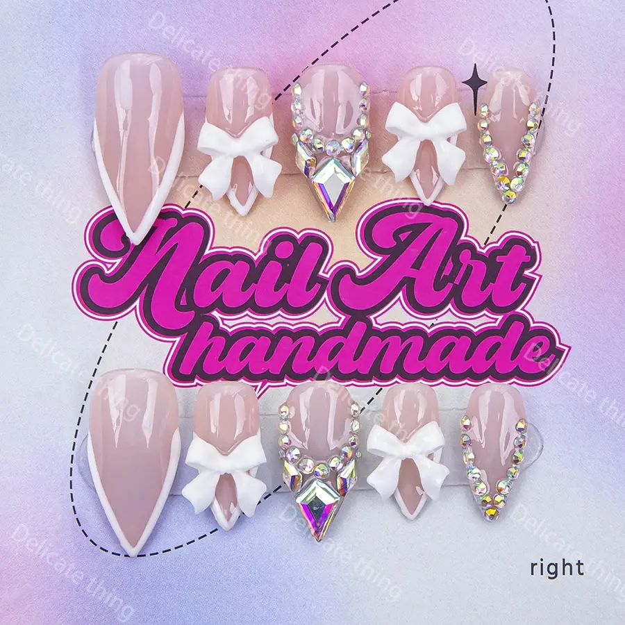 Delicatething  Y2K Style Almond Nail Set, Handmade Press On Wearable False Nails with Glitter Decorative Nails, Colorful Diamonds, Colorful Rhinestones & Bow Design, Nail Art Supplies, S/m/l Sizes, Perfect Gift for Women
