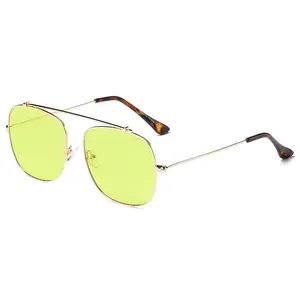 Square Aviator Sunglasses, Neon Yellow Lens Gold Frame Tortoise Temple UV Protection Trendy Statement Shades