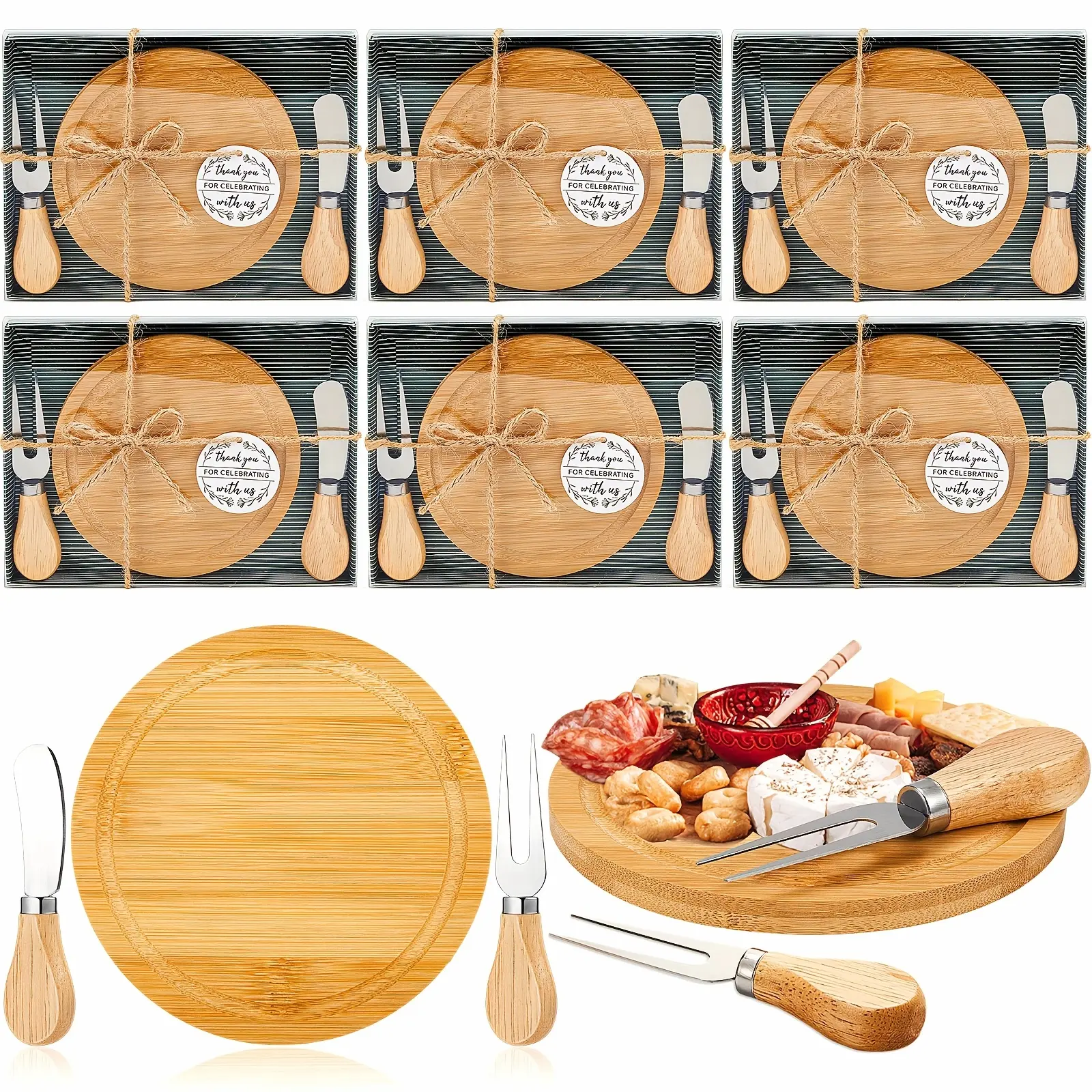 2/4/6/12/18/36/50 Sets Bridal Shower Prizes Cheese Board Set Wood Round Mini Charcuterie Board with Knives And Forks Bulk Thank You Tags with Bridal Shower Gift Box for Guests Wedding Party (Bamboo)