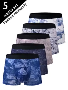 Men's Tropical Plant Print Boxer Briefs, High Stretch Breathable Mid-Waist Youth Trunks, Casual Fitted Underwear, 5 Pack