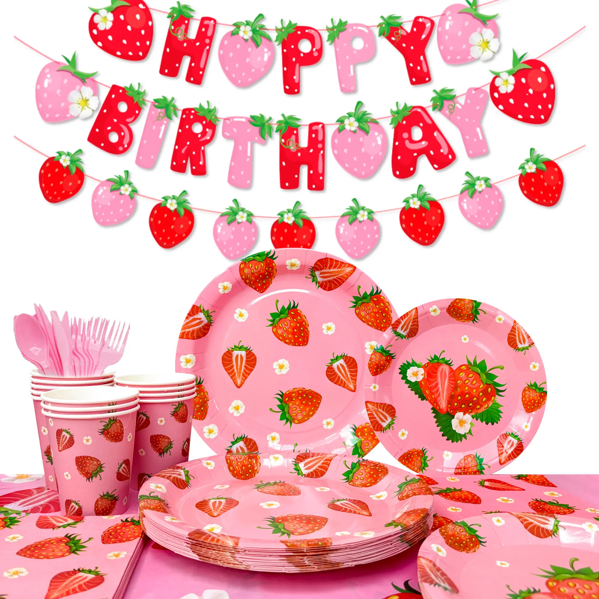 Strawberry Birthday Tableware, 139pcs Strawberry Party Tableware Set - Strawberry Birthday Party Plates Napkins Cups Tablecloth etc Strawberry Baby Shower Tableware for Strawberry Birthday Decorations