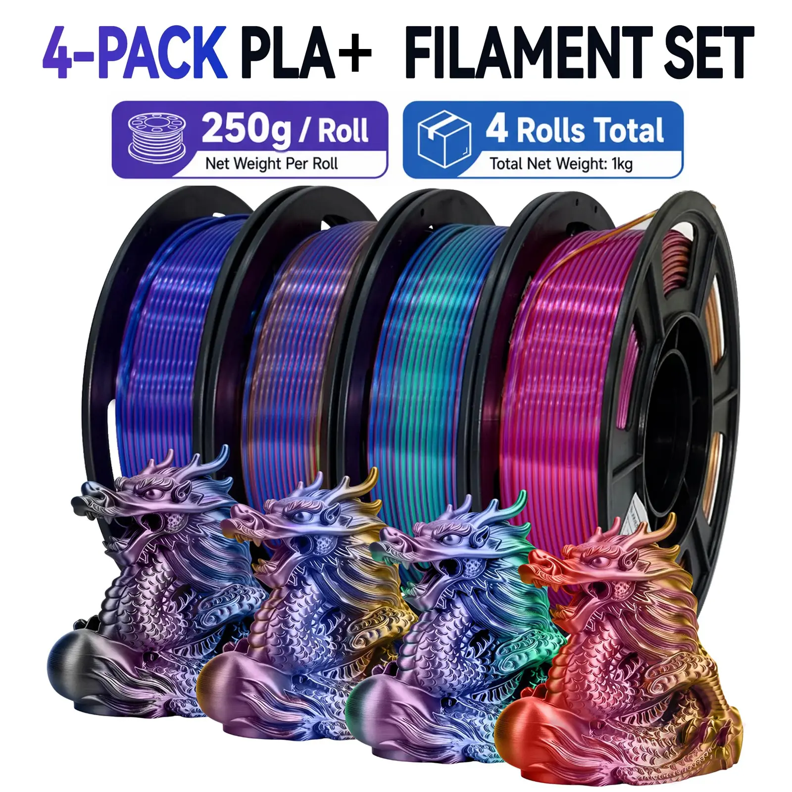 Silk PLA+ 3D Printer Filament Bundle, Shiny Tricolor PLA+ Filament 1.75mm Pack, Shiny Multi Color Change, Smooth Multicolor PLA+ Filament for Most 3D Printers - 4 Spools 250g Each
