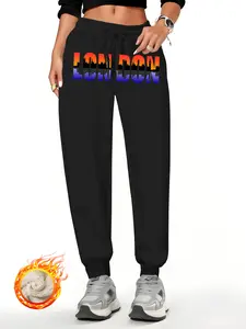 Women's Fleece Pants, London Letter & Landscape Print, Winter Warm Thick Long Trousers, Casual Daily Wear, Comfortable & Stylish