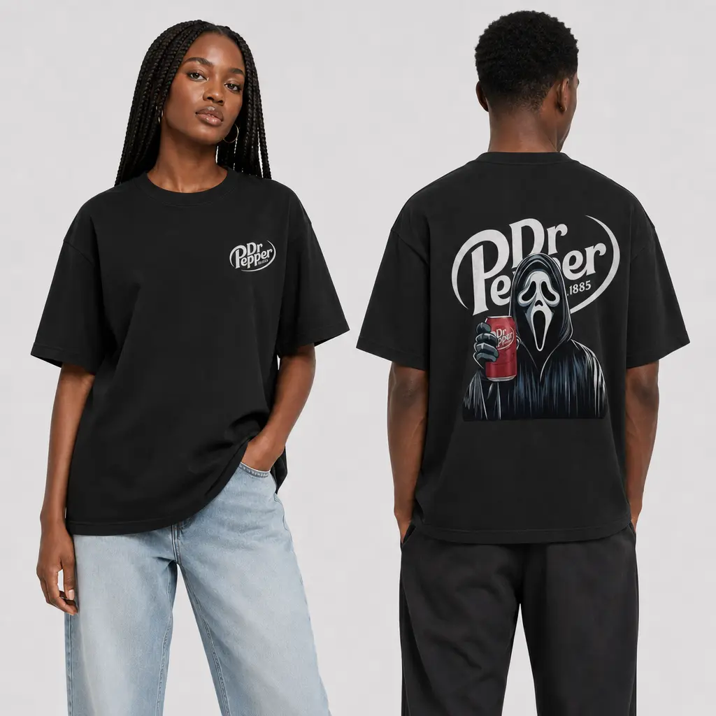 Ghost Face Horror Double-Sided T-Shirt for Men and Women, Unisex 100% Cotton Graphic Tee, 230G Thick Washed Batik Retro Vintage T Shirts, Loose Fit Round Neck Short Sleeve, Summer Graphic Tees, Men's Graphic Tees, Streetwear Clothing for Couples