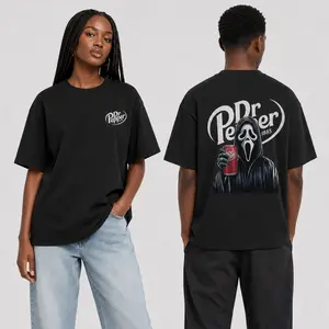 Ghost Face Horror Double-Sided T-Shirt for Men and Women, Unisex 100% Cotton Graphic Tee, 230G Thick Washed Batik Retro Vintage T Shirts, Loose Fit Round Neck Short Sleeve, Summer Graphic Tees, Men's Graphic Tees, Streetwear Clothing for Couples