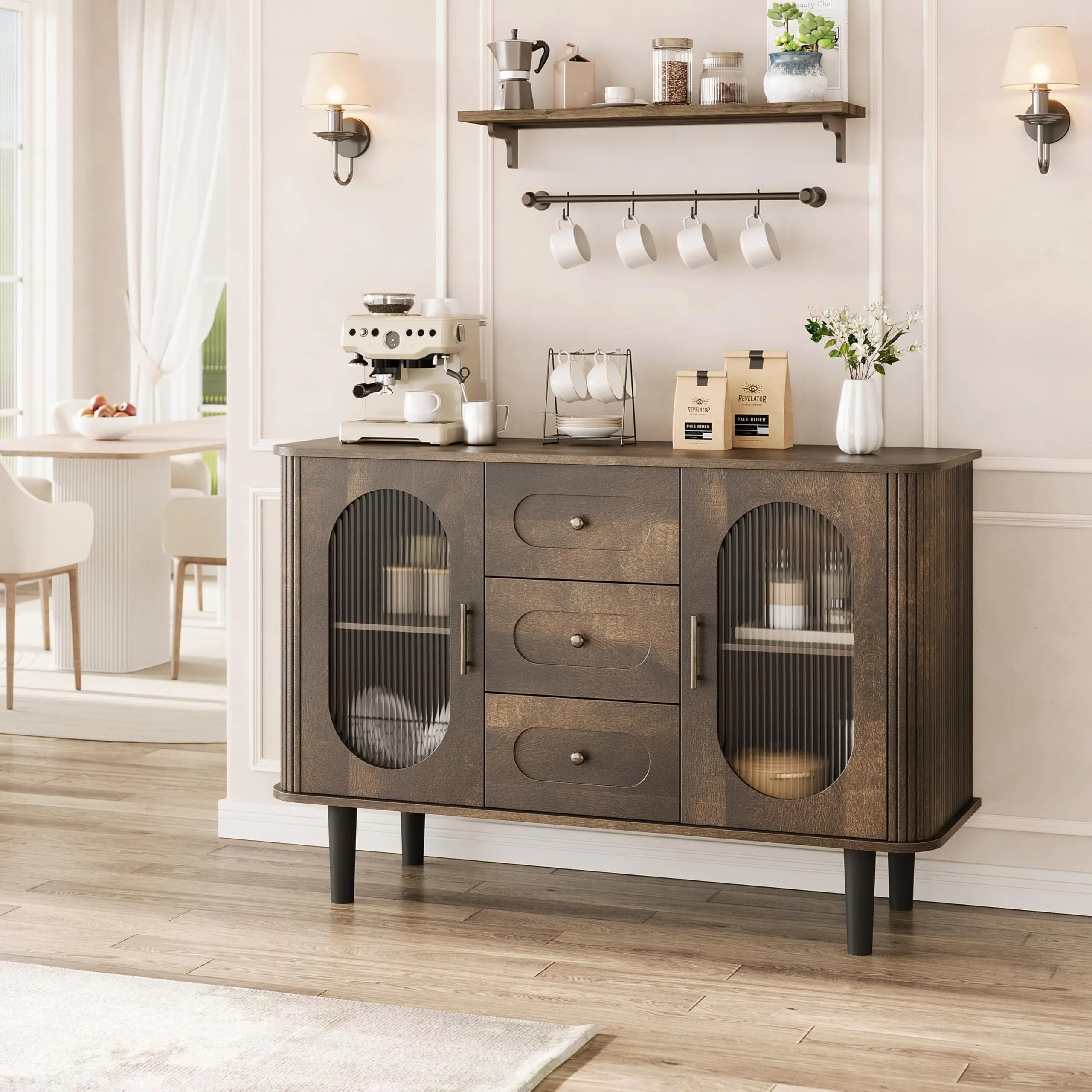 47 in Sideboard Buffet Cabinet with Fluted Glass Doors & 3 Drawers - Modern Mid-Century Credenza Storage  for Kitchen, Dining Room, Walnut
