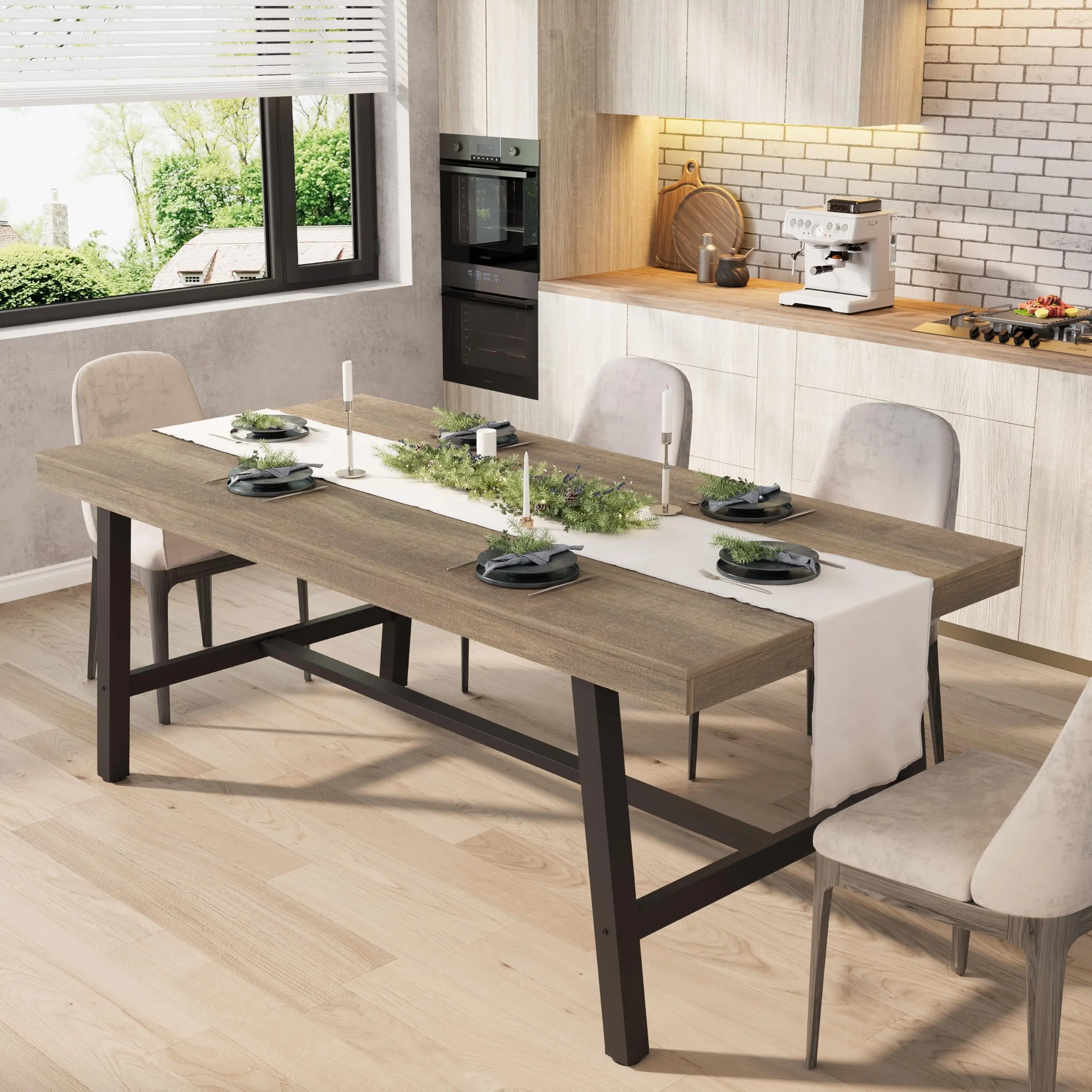 Garvee Industrial Dining Table 70.87" Large Wooden Kitchen Table with Sturdy Metal Frame, Long Rectangular Design Seating 6-8 People, Available in Multiple Finishes