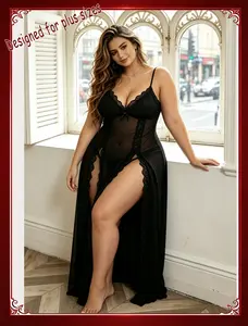 Women Lingerie Lace Babydoll Chemise Sexy Mesh Nightdress V Neck Nightwear Side Split Nightgown