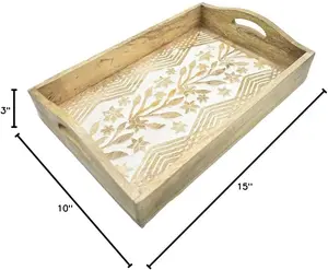 Hand Carved Wooden Breakfast Serving Tray with Handle for Tea Snack Dessert 15 x 10 Inches Mango Wood Kitchen Dining Serve Ware Accessories 2049