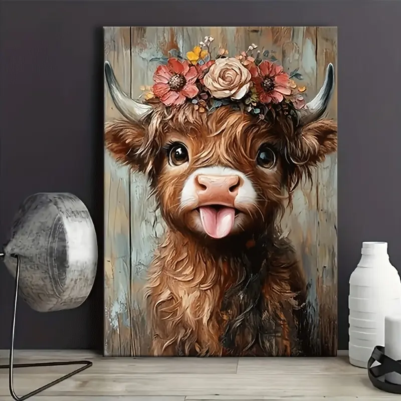 1 piece of Highland Cow canvas wall painting, featuring a wreath pattern, High-definition canvas decorative painting 11.8*15.7inch (30*40cm) with wooden frame, Modern home decoration items, Home wall art, Wall decor pictures,art poster