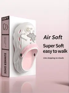 Women's Home Casual Thick Sole Height Increasing Anti-Slip Eva Hole Shoes, Silver Color Butterfly & Flower Design, Comfortable Soft Non Slip Walking Shoes, Eva Slippers, Butterfly Pattern Slippers