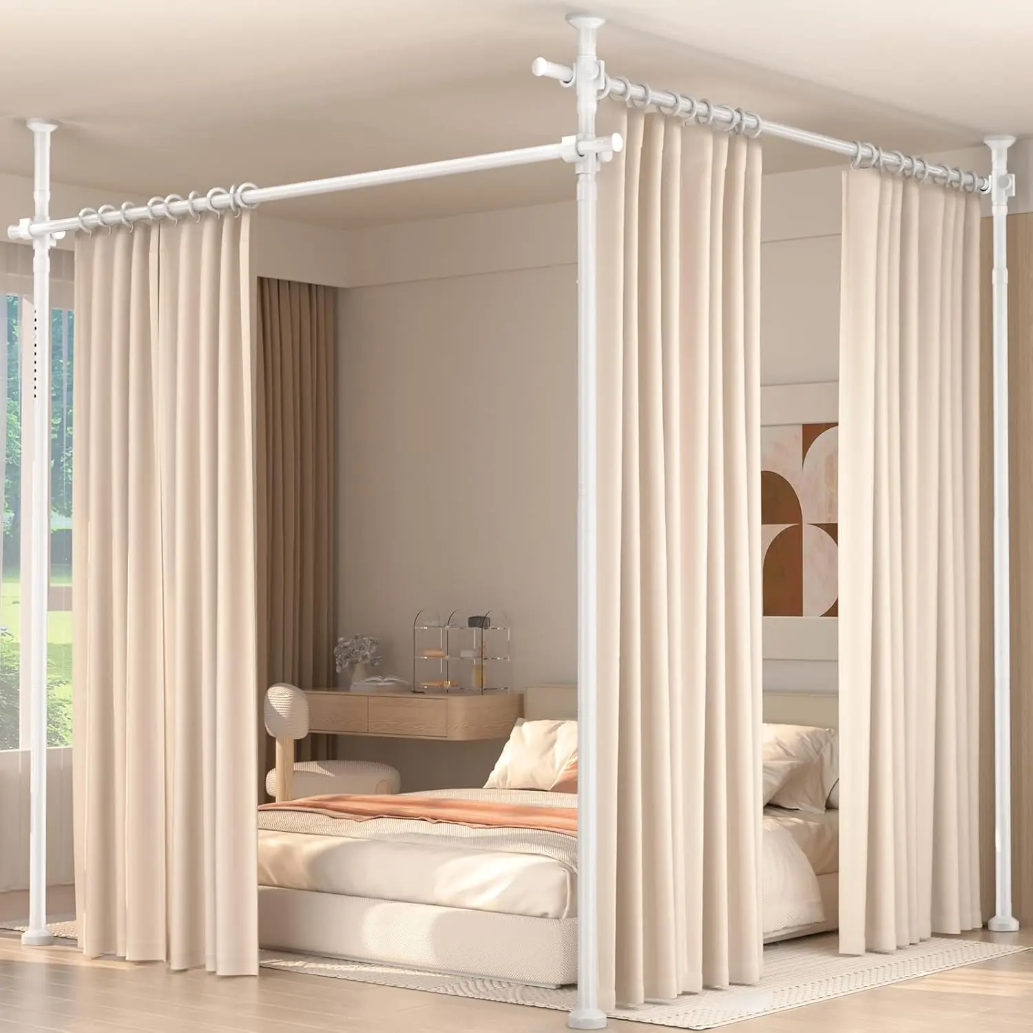 White Room Divider Screen - Portable Partition Home Decor, No-Drill Tension Curtain Rods, Heavy-Duty Freestanding Temporary Walls, 4-10ft H 28-140in W Adjustable Privacy Panel Home Supply