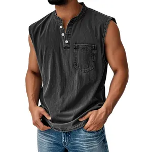 2026 New American Retro Distressed Henley Collar Sleeveless T-Shirt for Men