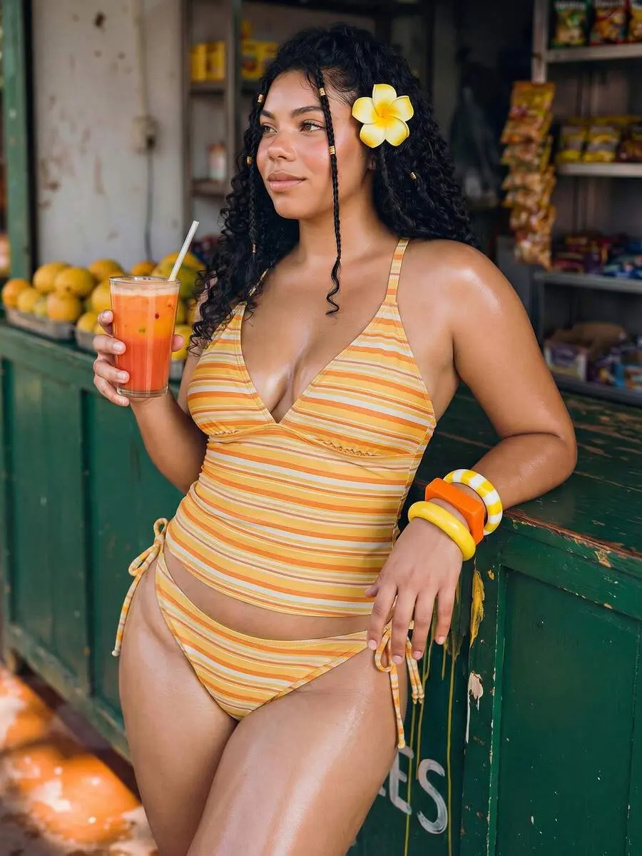 GoodVibes Women's Plus Size Tankini,Orange Summer Beach Vacation Holiday,Stripe Print Adjustable Spaghetti Strap Bikini Set,Boho Chic Goddess Beachwear