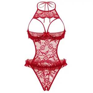 Avidlove Lingerie for Women Halter Neck One Piece Teddy Bodysuit Lace Mini Babydoll Sleepwear