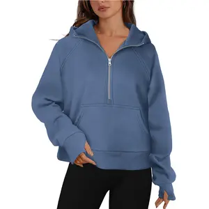 Women's Half Zip Sweatshirt Cropped HoodiesThumb Hole + Kangaroo Pocket, Soft Stretch, Sports and Leisure, Suitable for Sports and Daily Leisure.