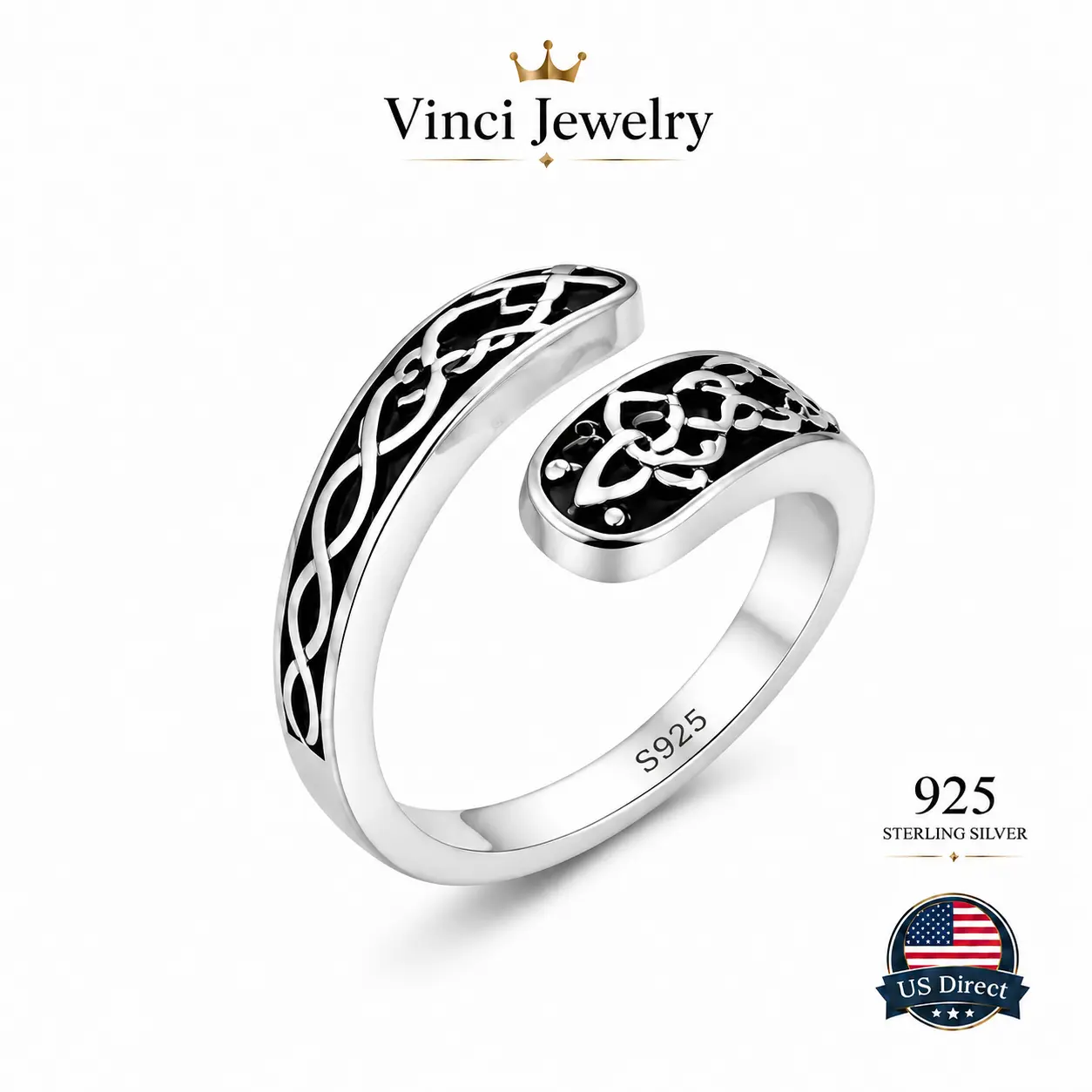 925 sterling silver Vintage Celtic Knot Adjustable Ring Sterling Silver Open Band Viking Inspired Celtic Ring Minimalist Gothic Irish Norse Jewelry for Women Men Everyday Wear Anniversary Birthday Festival Renaissance Gift Unisex Statement Accessory