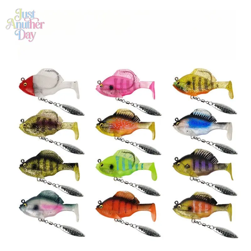 4PCS 10g/14g Lead Jigged Soft Swimbaits, Hollow T-Tail Jumping Fish Lures with Spinner Blades, Weed-Resistant Soft Baits