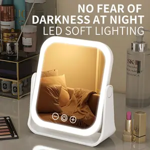 Portable LED Makeup Mirror, Rechargeable 360-degree Rotating Mirror, Tri-fold Foldable Rechargeable Mirror with 5x Magnification, Touch-sensitive Mirror Surface for Travel and Bedroom Use, Featuring Illuminated Mirror, LED Tabletop Mirror