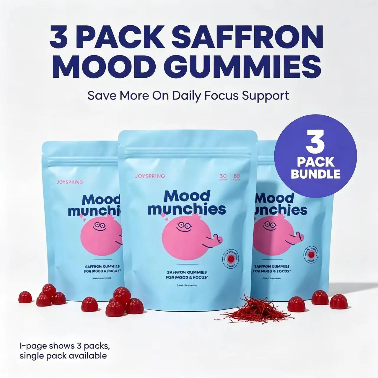 【3 pack】JoySpring Saffron Mood Munchies Gummies – Plant-Based Saffron Formula for Daily Wellness Designed to Support Mood and Focus