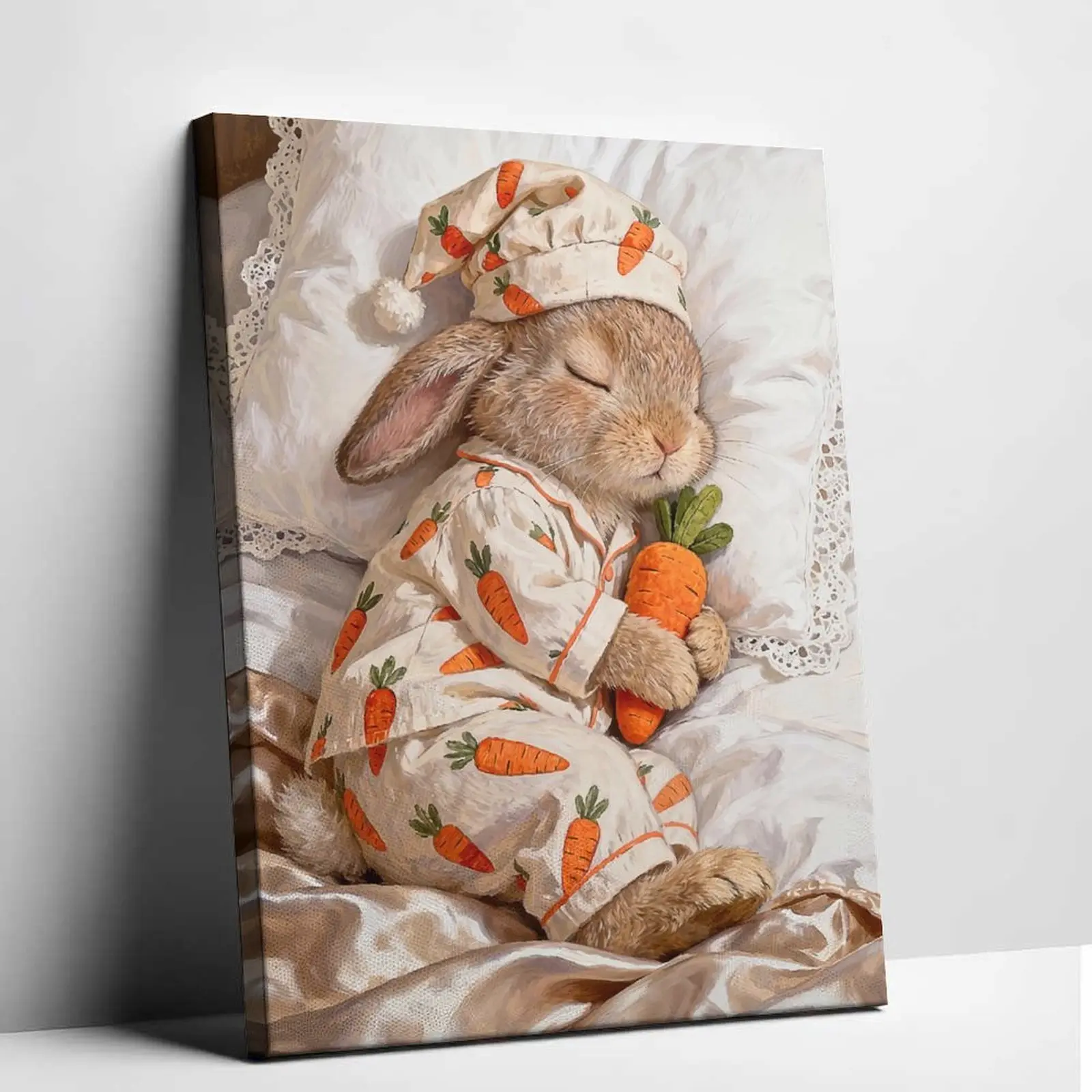 Cute Sleeping Bunny in Carrot Pajamas Canvas Wall Art | Sweet Rabbit Poster Print for Baby Nursery Kids Room | Cozy Bedroom Decor
