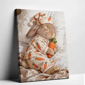 Cute Sleeping Bunny in Carrot Pajamas Canvas Wall Art | Sweet Rabbit Poster Print for Baby Nursery Kids Room | Cozy Bedroom Decor