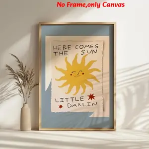 Unframed Wall Art, Vintage Poster, Here Comes The Sun Positive Quote Print, Bohemian Sunny Painting, Living Room Aesthetic, Bedroom & Apartment Decor, Housewarming Gift, Book Lover Gift, Dopamine Decor, Decoration