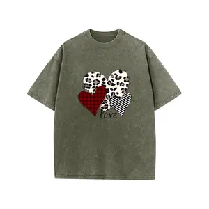 Body&Sea Women's Vintage Acid Wash Oversized T-Shirt, Leopard Plaid Stripe Love Hearts Graphic Tee, Retro Washed Loose Fit Short Sleeve Top, Valentine's Day Gift Y2K Streetwear