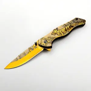 Embossed Big Tail Wolf Stainless Steel Folding Knife, High Hardness Outdoor Pocket Knife, Portable Outdoor EDC Knife, Camping Fishing Survival Knife