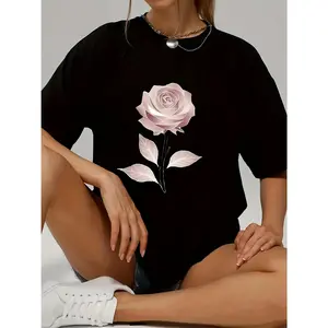 Pink rose pattern women's T-shirt, pure cotton