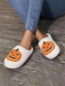Women's Cute Halloween Themed Pumpkin Design Plush Slippers, Casual Soft Comfortable Home Slippers, Warm Slippers for Indoor & Outdoor Use for Fall & Winter
