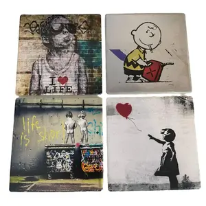 Set of 4 Bansky Fine Art Ceramic Tile Coasters, Pop Art Coasters, Art Coasters