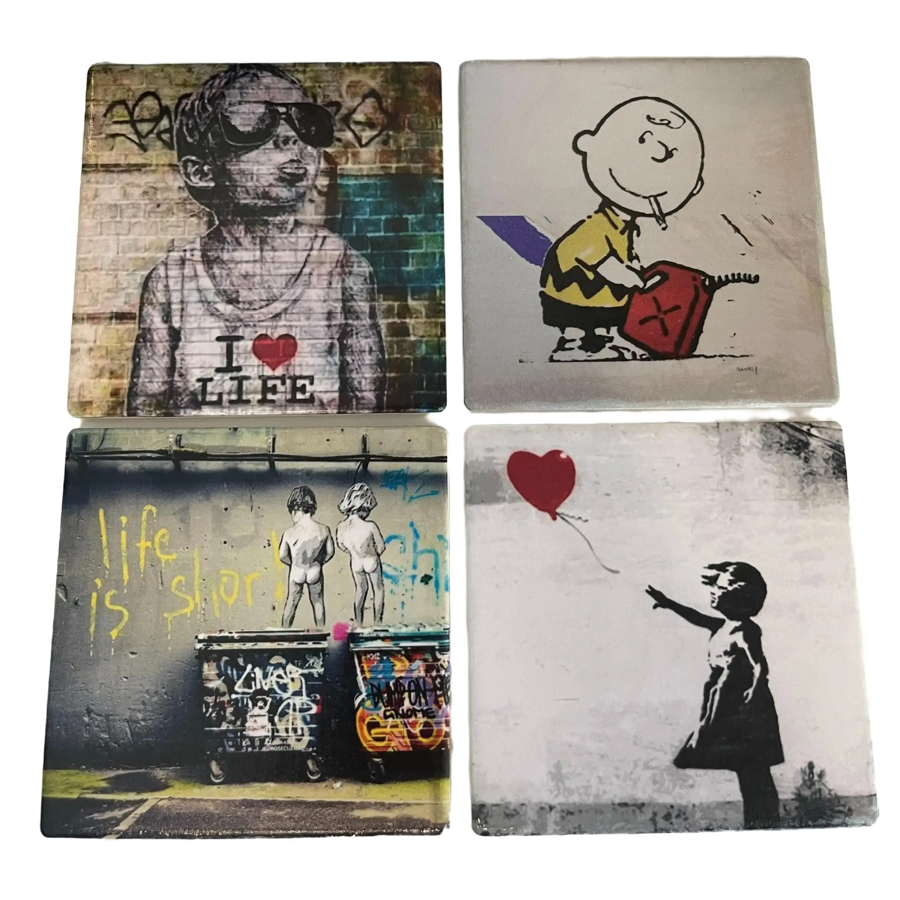 Set of 4 Bansky Fine Art Ceramic Tile Coasters, Pop Art Coasters, Art Coasters