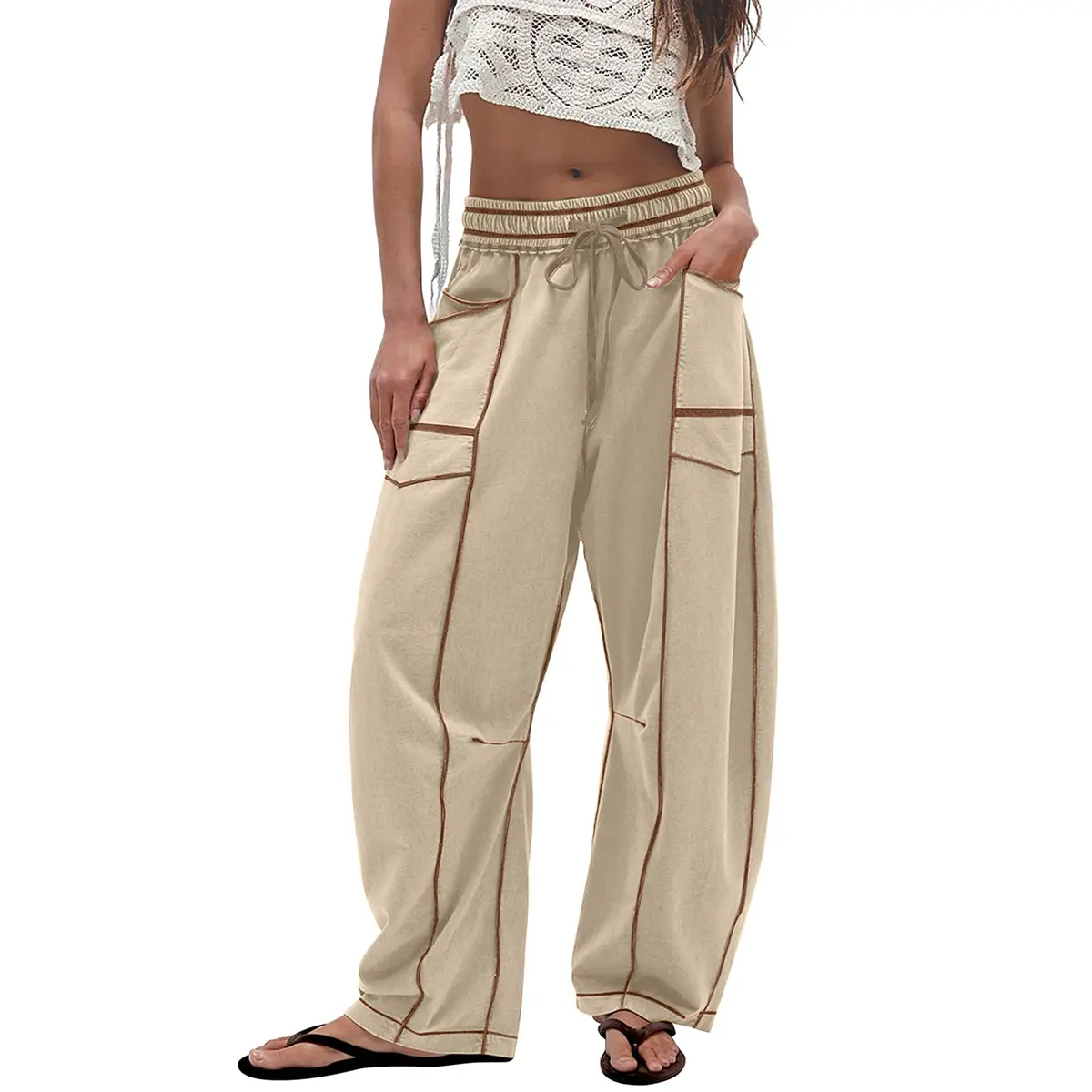 Bienmorn Women’s Baggy Barrel Pants – Wide-Leg Lounge Sweatpants with Drawstring and Pockets