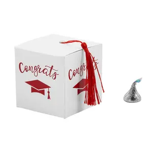 Graduation Party White Favor Boxes with Red Tassel - 25 Pc.