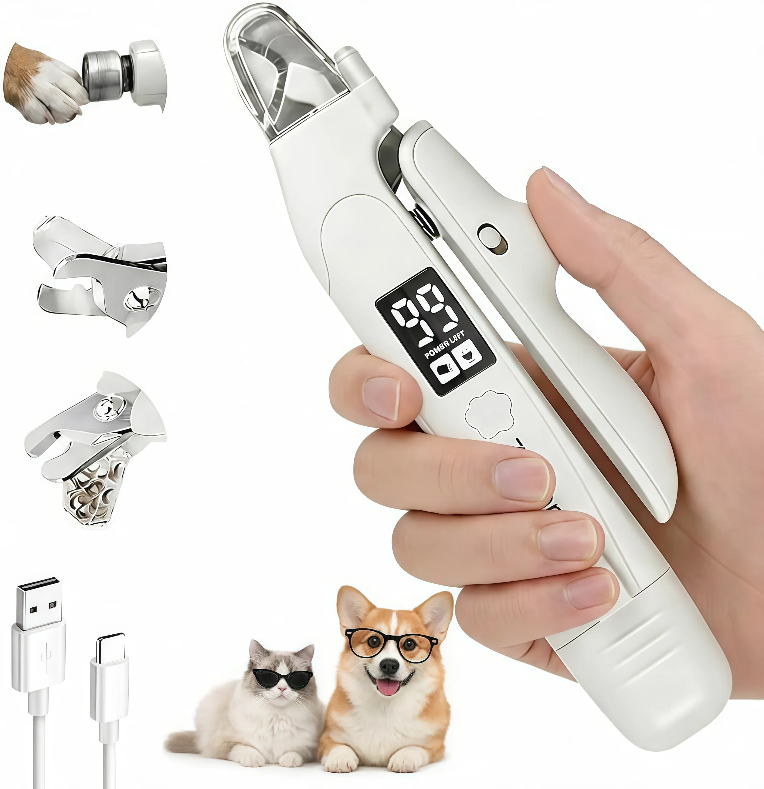2-in-1 USB-C Rechargeable Pet Nail Clipper Grinder, Low-Noise Electric Dog & Cat Claw Trimmer with LED Light, Safety Lock, Nail Catcher, 3 Grinding Ports for Small-Medium Pets Grooming Paw Trimmer