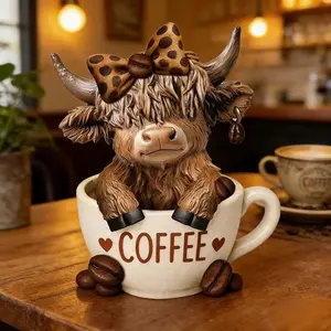 Highland Cow Statue Figurine Coffee Highland Scottish Resin Animal Design Calf Lover Christmas Gift, Unique Home Decor, Perfect Holiday Present