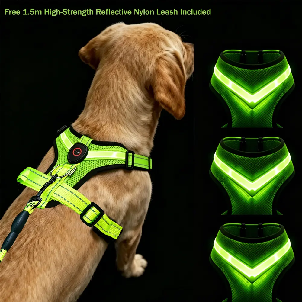 【2 Pack】Glow LED Light Up Dog Harness, Free High Strength Reflective Nylon Leash Included, V-Shaped Fiber Optic Illuminated Mesh Vest, USB Rechargeable Adjustable Rainproof Night Walking Safety Harness girl personalized collar