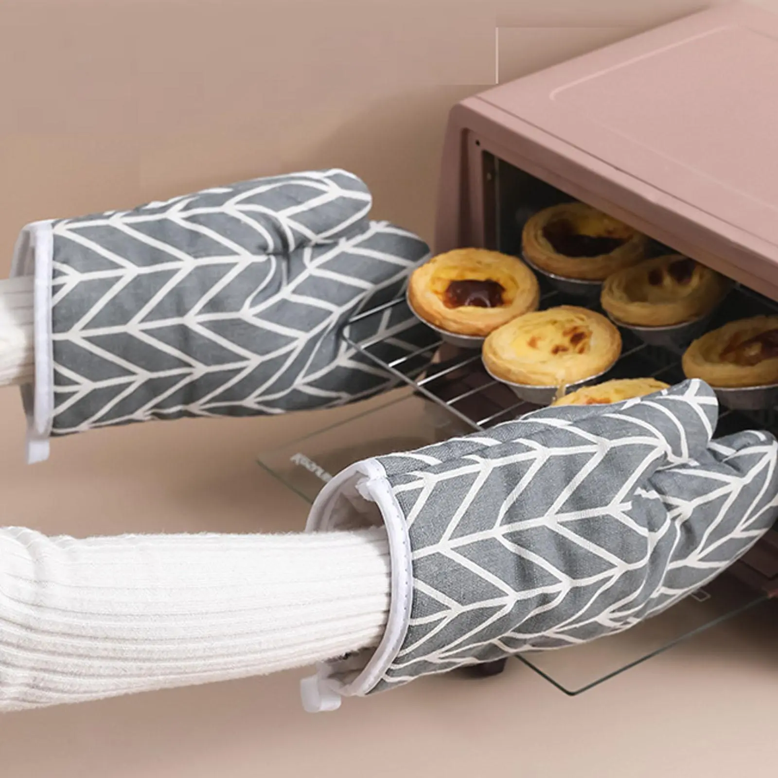 Heat Resistant Fabric Oven Mitts (1 Pair), Geometric Line Pattern Non-slip Oven Gloves, Kitchen Baking Supplies